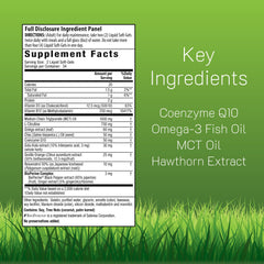 Close-up of Irwin Naturals CoQ10-RED bottle label and ingredients.