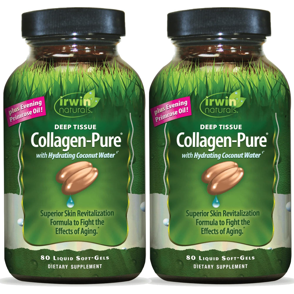 Irwin Naturals Deep Tissue Collagen-Pure soft-gels bottle promoting skin nourishment.