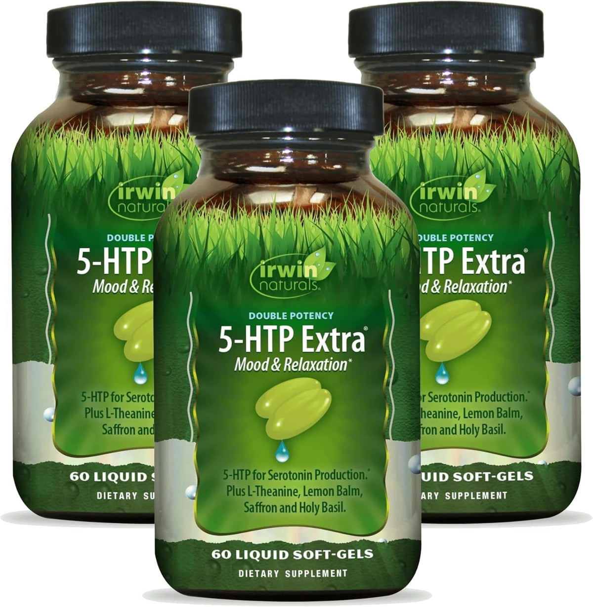 Irwin Naturals Double Potency 5-HTP Extra bottle with 60 soft-gels for daily relaxation.