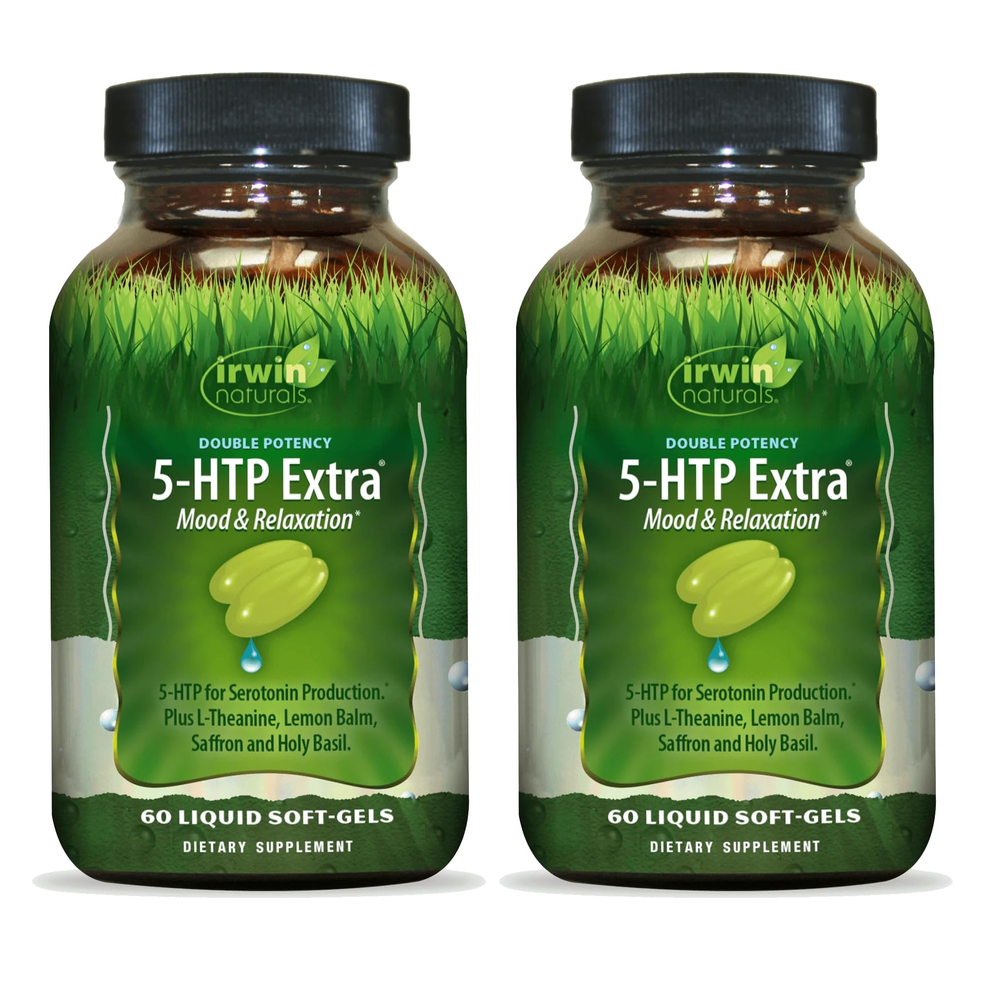 Irwin Naturals Double Potency 5-HTP Extra bottle front promotes relaxation potential.