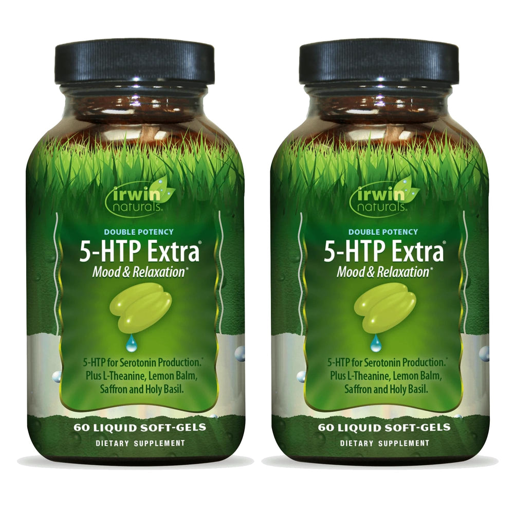 Irwin Naturals Double Potency 5-HTP Extra bottle front promotes relaxation potential.