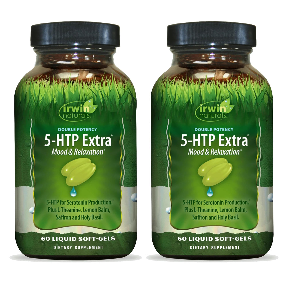 Irwin Naturals Double Potency 5-HTP Extra bottle front promotes relaxation potential.