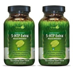 Irwin Naturals Double Potency 5-HTP Extra bottle front promotes relaxation potential.
