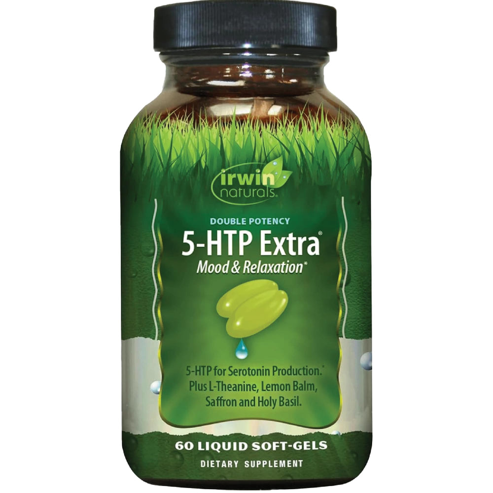 Irwin Naturals Double Potency 5-HTP Extra bottle promotes relaxation during daily use.