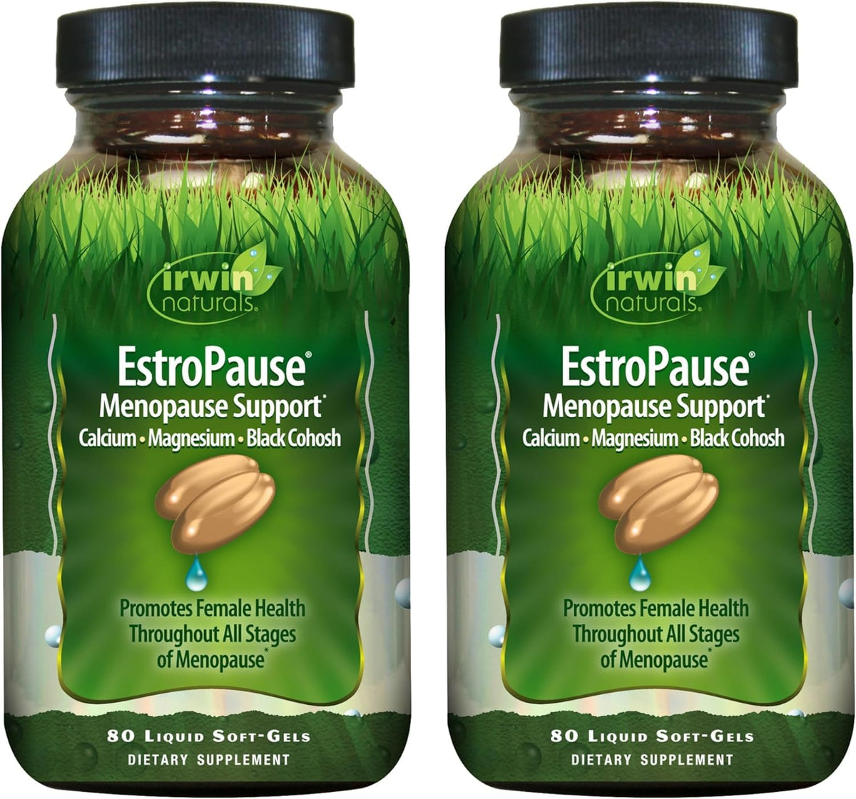 Irwin Naturals EstroPause bottle label signaling gentle menopause support.