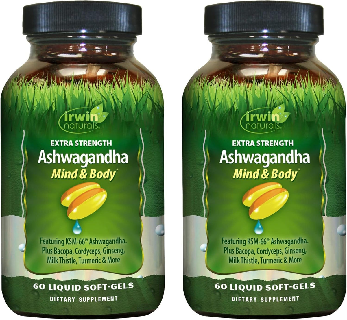 Irwin Naturals Extra Strength Ashwagandha Mind & Body softgels bottle supports daily vitality.