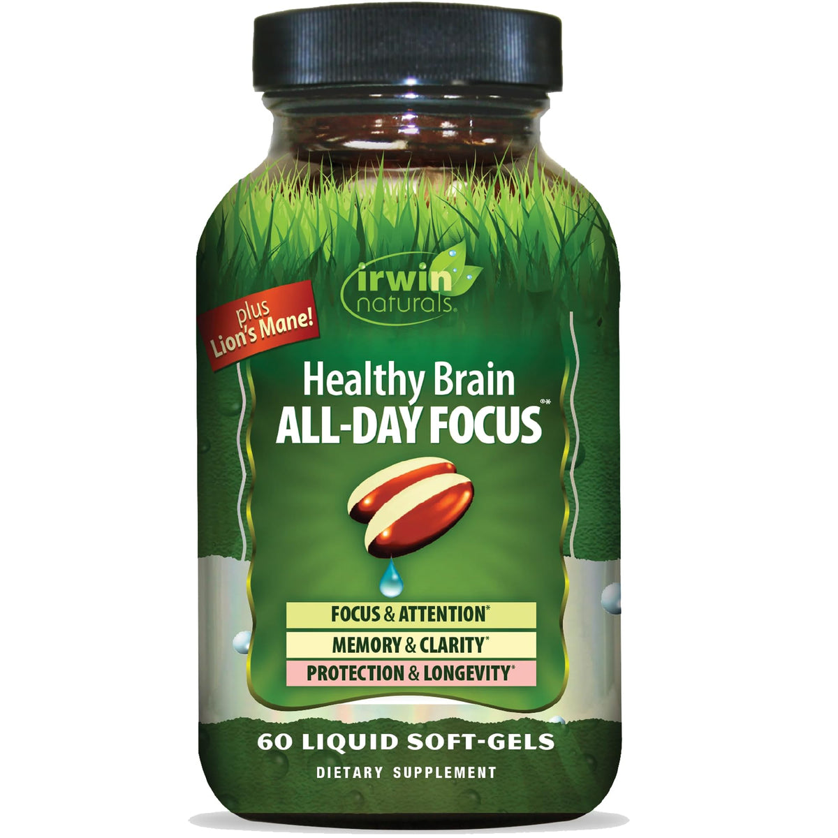 Irwin Naturals Healthy Brain All-Day Focus bottle promoting daily mental performance