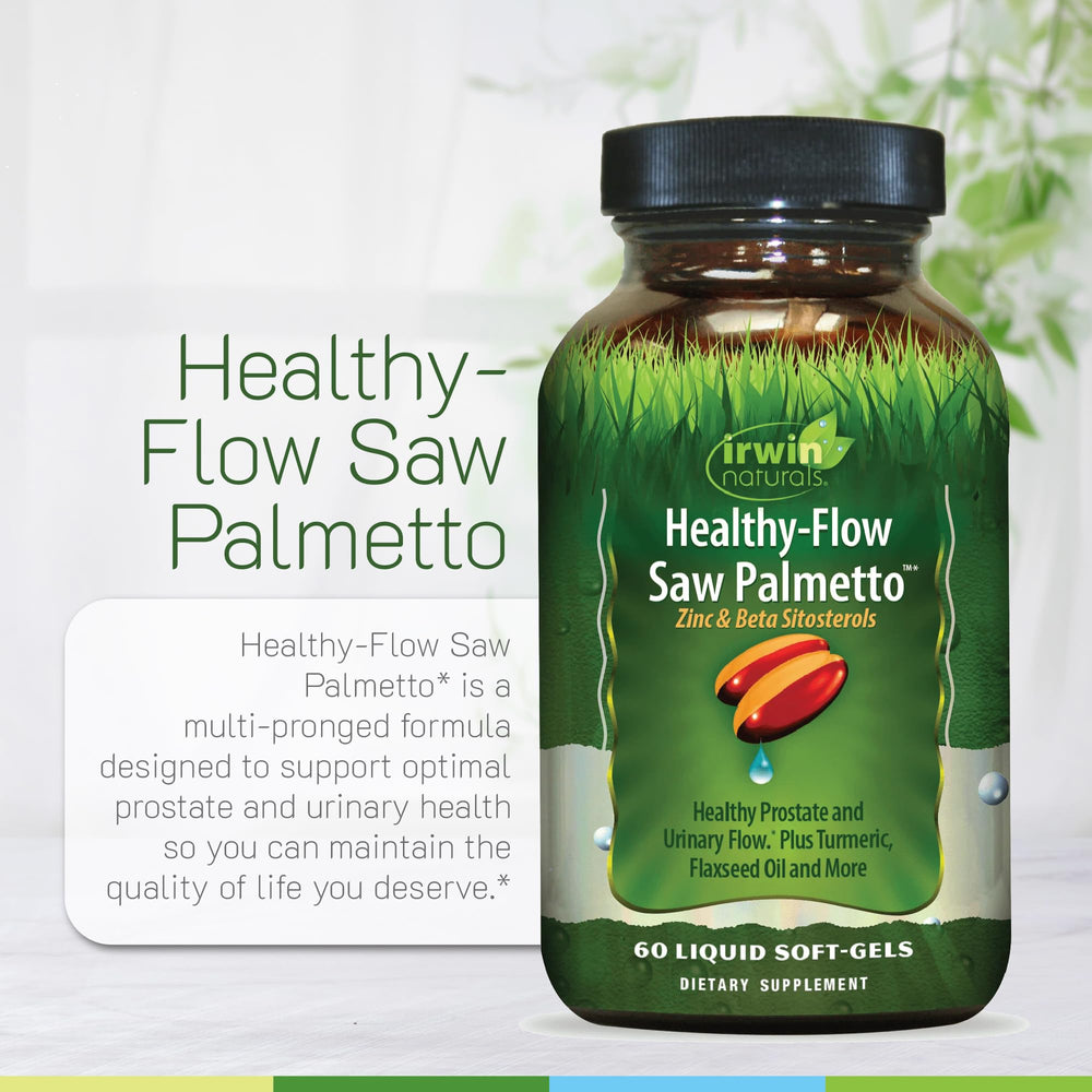 Irwin Naturals Healthy-Flow ingredients such as pumpkin seed oil displayed beside the bottle.