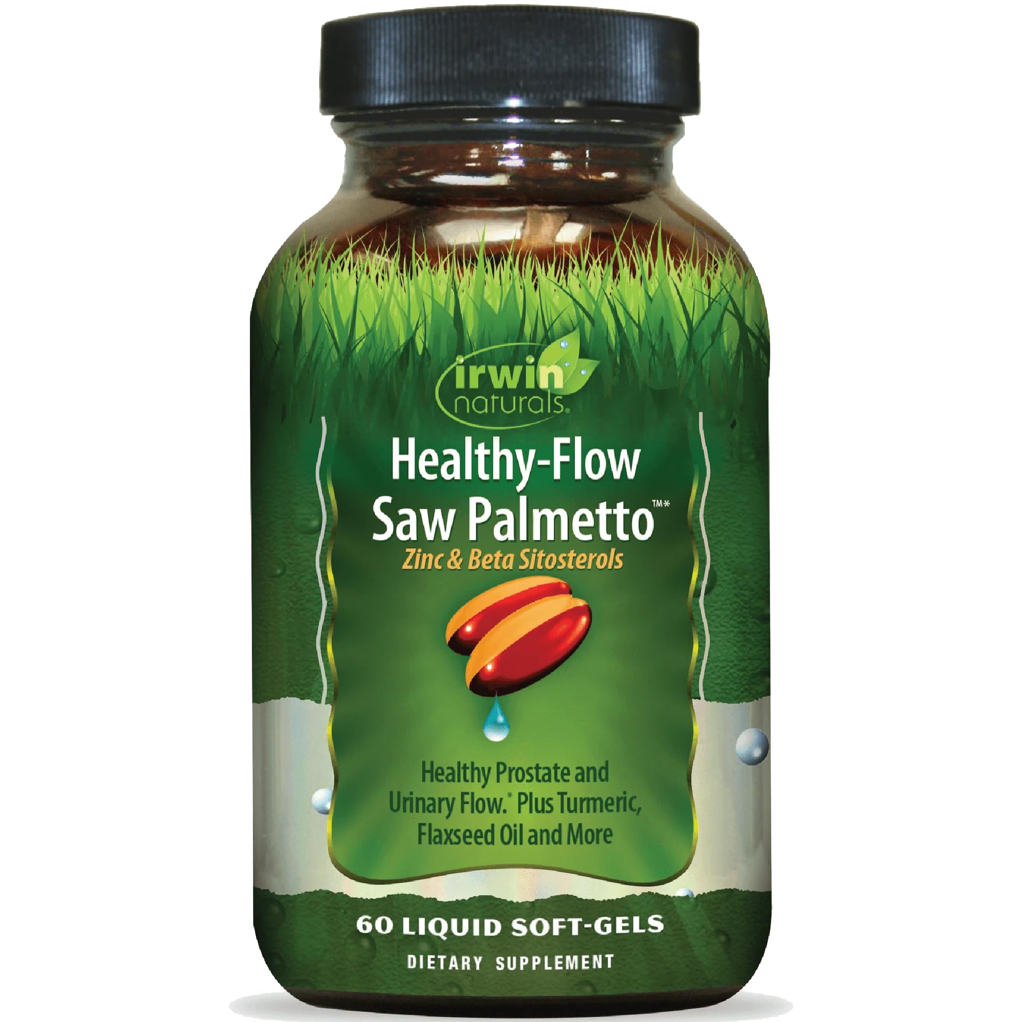 Irwin Naturals Healthy-Flow Saw Palmetto bottle on a shelf, signaling daily urinary support.