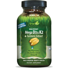 Irwin Naturals high-potency mega D3/K2 turmeric bottle supports daily bone and immune health.