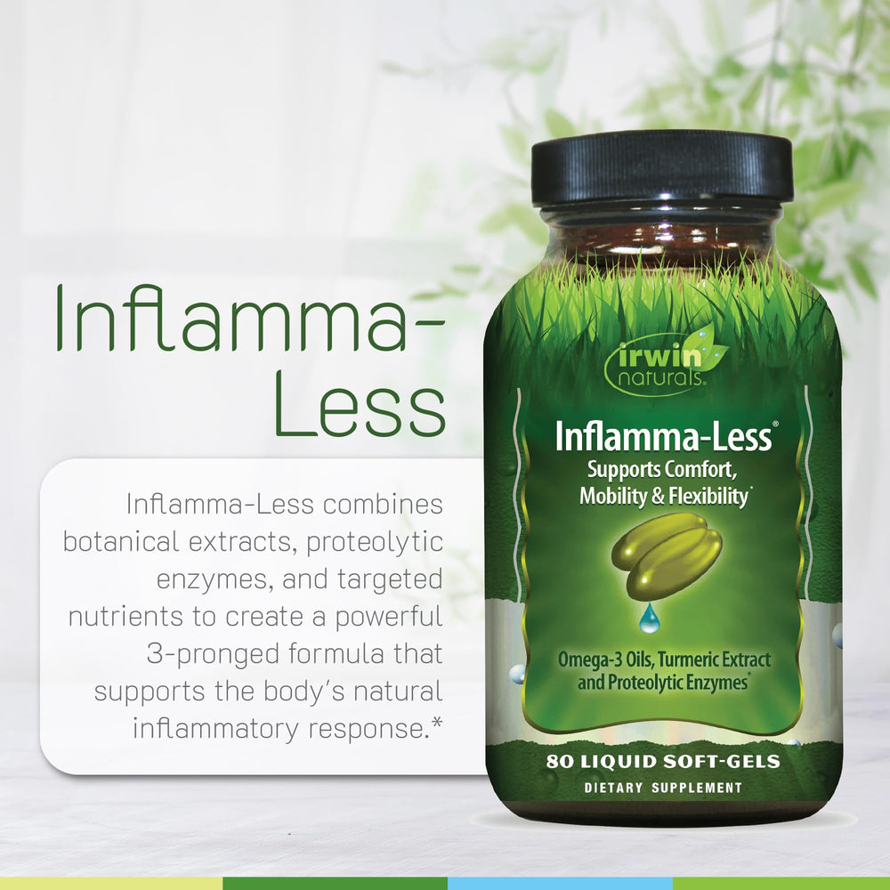 Irwin Naturals Inflamma-Less bottle held during daily wellness routine.
