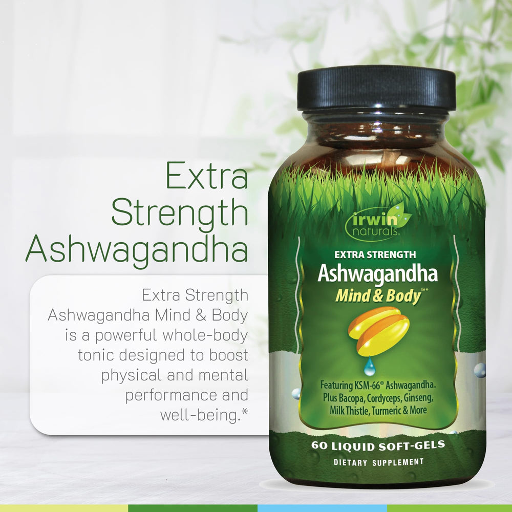 Irwin Naturals KSM-66 Ashwagandha extract visual suggests mental clarity potential.