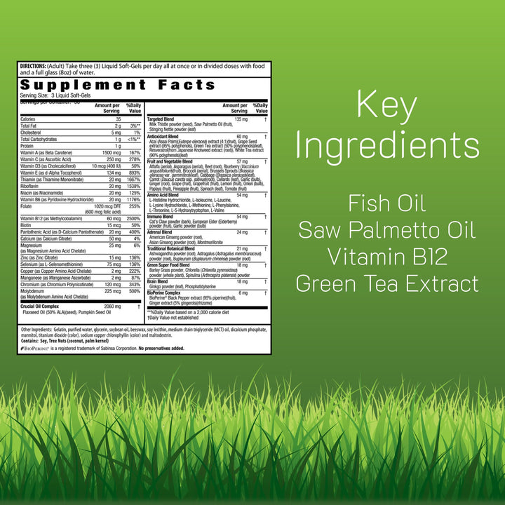 Close-up of Irwin Naturals Living Green Multi softgels for easy daily ingestion.