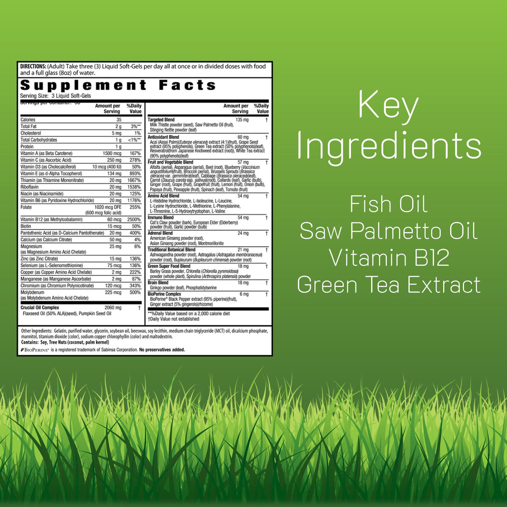 Close-up of Irwin Naturals Living Green Multi softgels for easy daily ingestion.