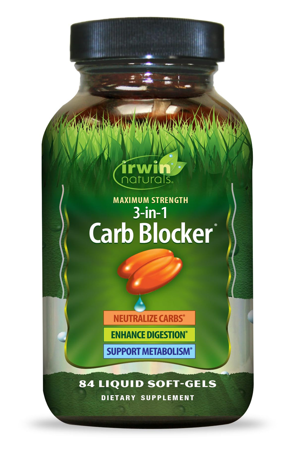 Irwin Naturals carb blocker bottle with easy dosage reminder for daily use.