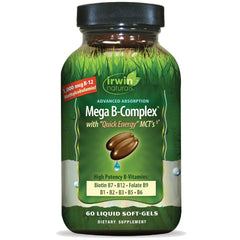 Irwin Naturals Mega B-Complex bottle closeup highlighting a high-potency B-vitamin blend