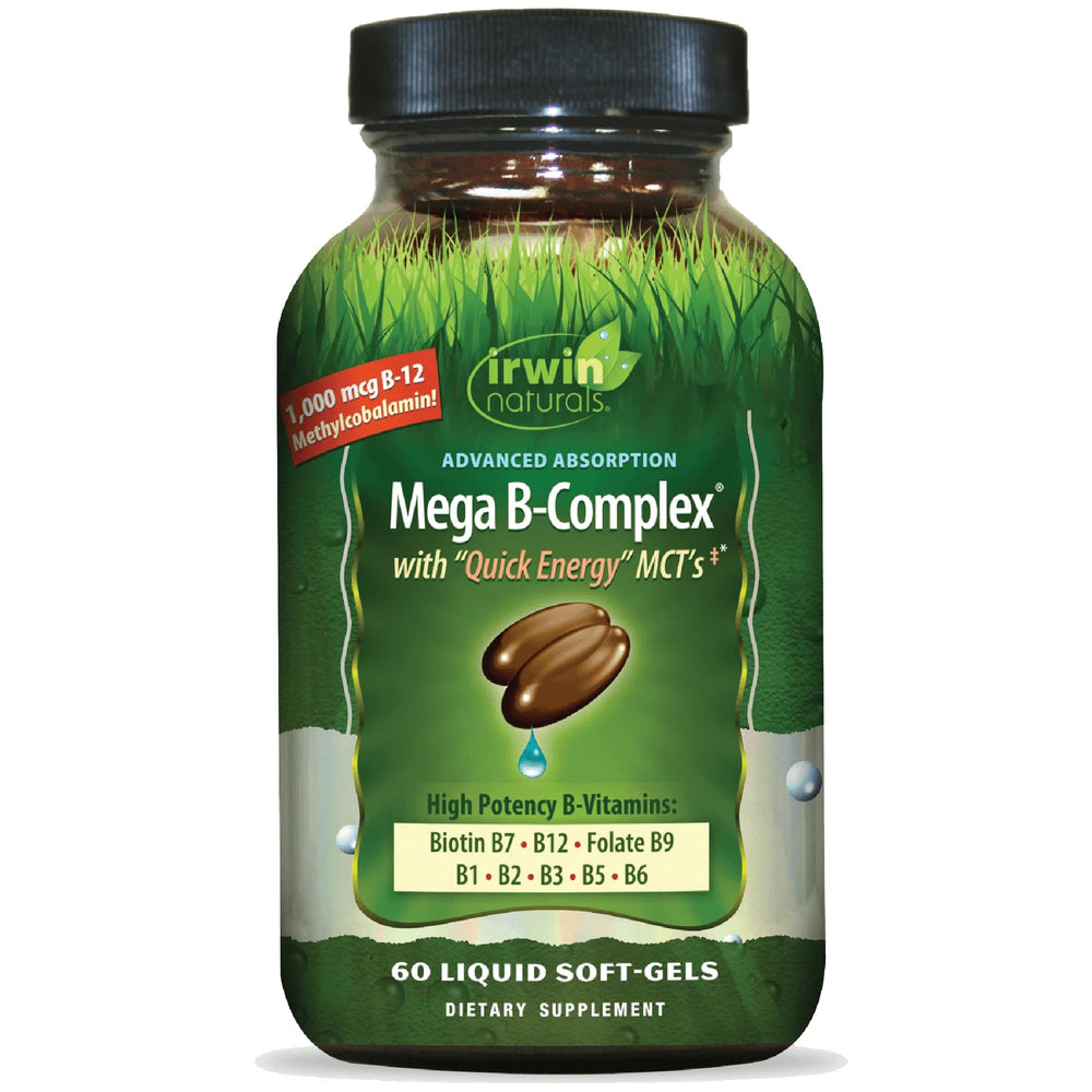 Irwin Naturals Mega B-Complex bottle label shows full B vitamin blend for daily energy support