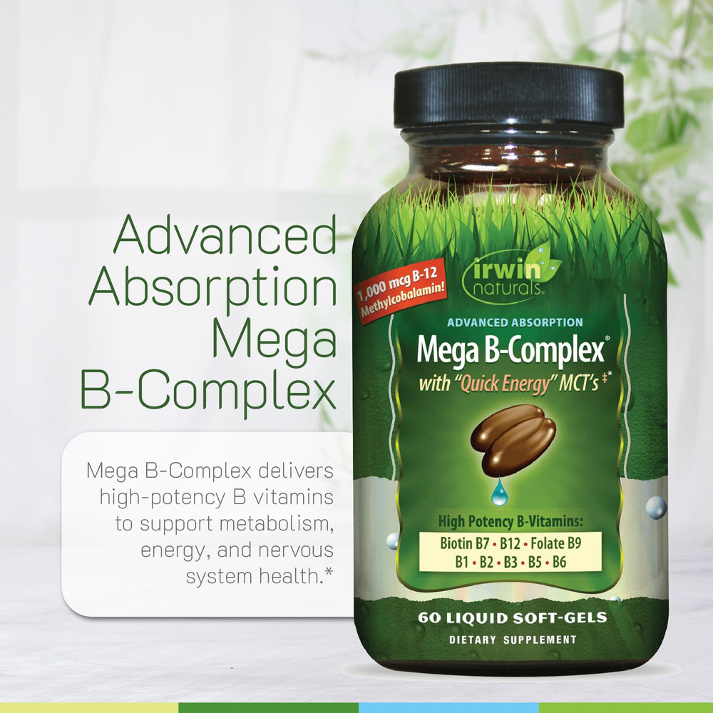 Irwin Naturals Mega B-Complex bottle displayed on shelf for daily vitality