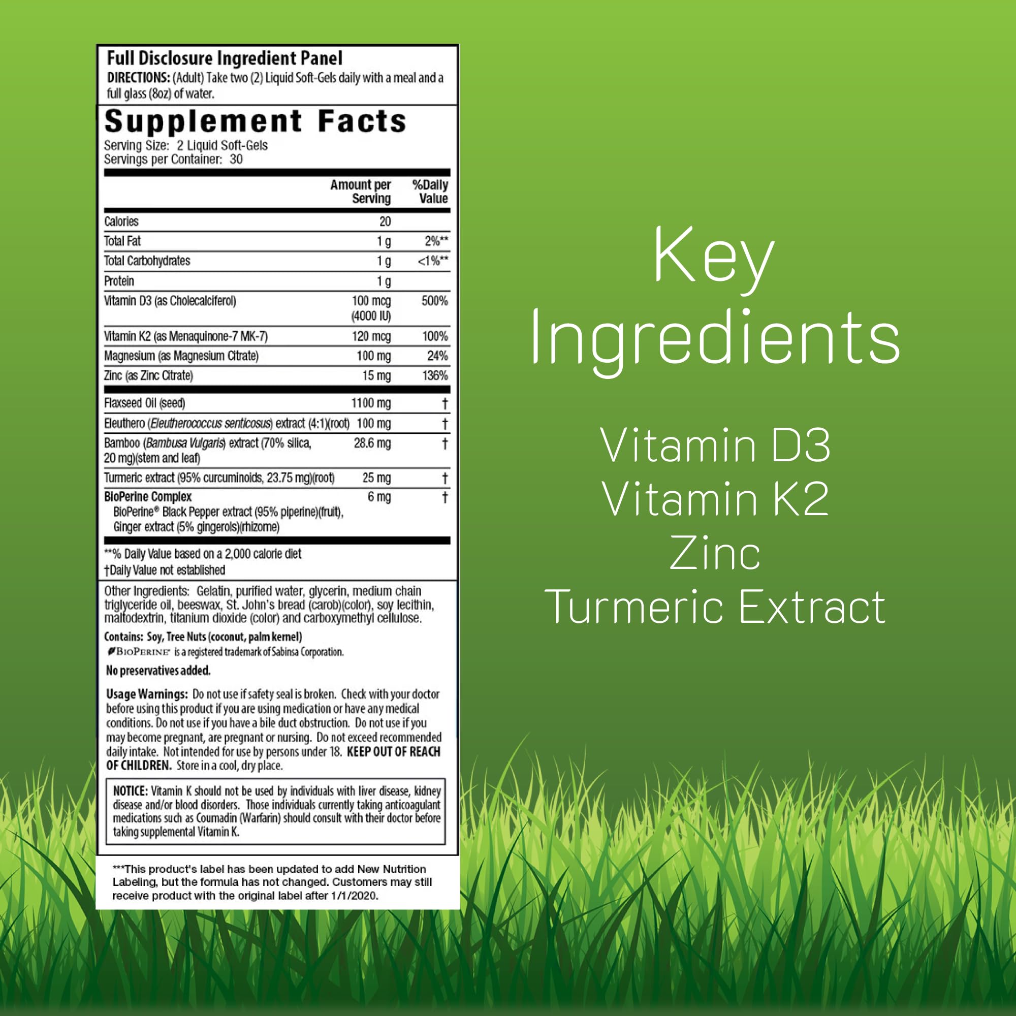 Irwin Naturals mega D3 K2 turmeric soft-gels shown for easy daily intake.