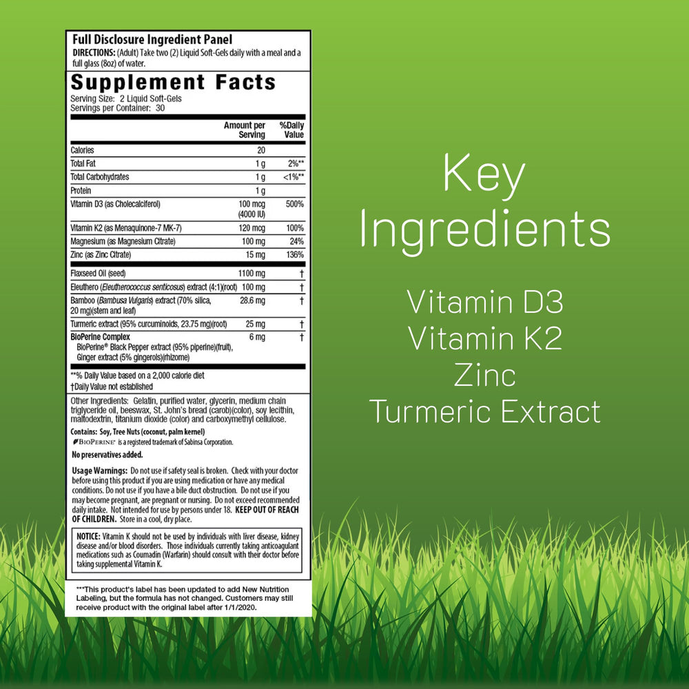 Irwin Naturals mega D3 K2 turmeric soft-gels shown for easy daily intake.
