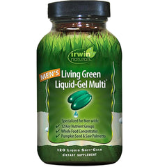 Irwin Naturals Men's Living Green Liquid-Gel Multi bottle ready for daily nutrition support.