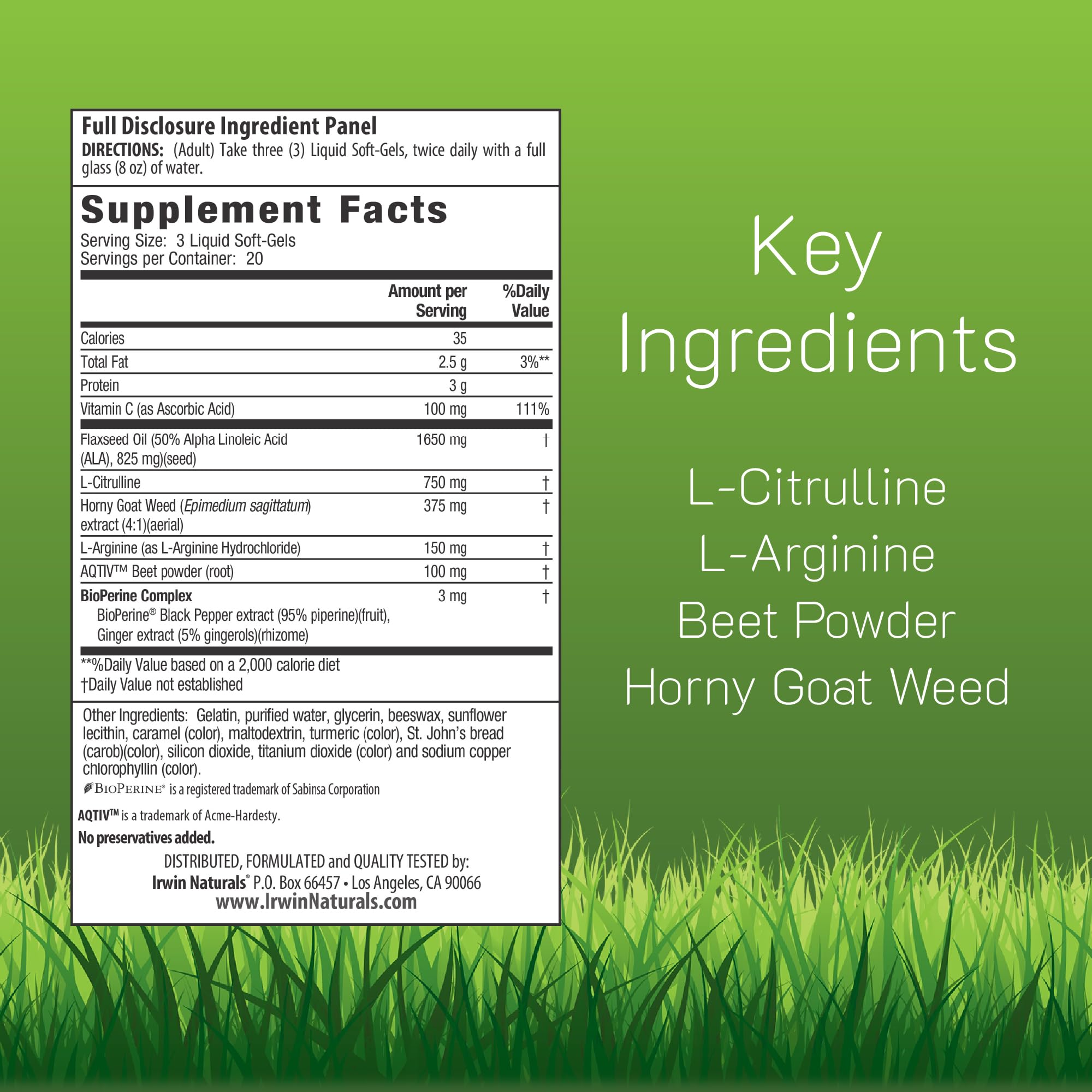 Irwin Naturals Nitric Oxide Soft-Gels close-up promoting easy daily use.