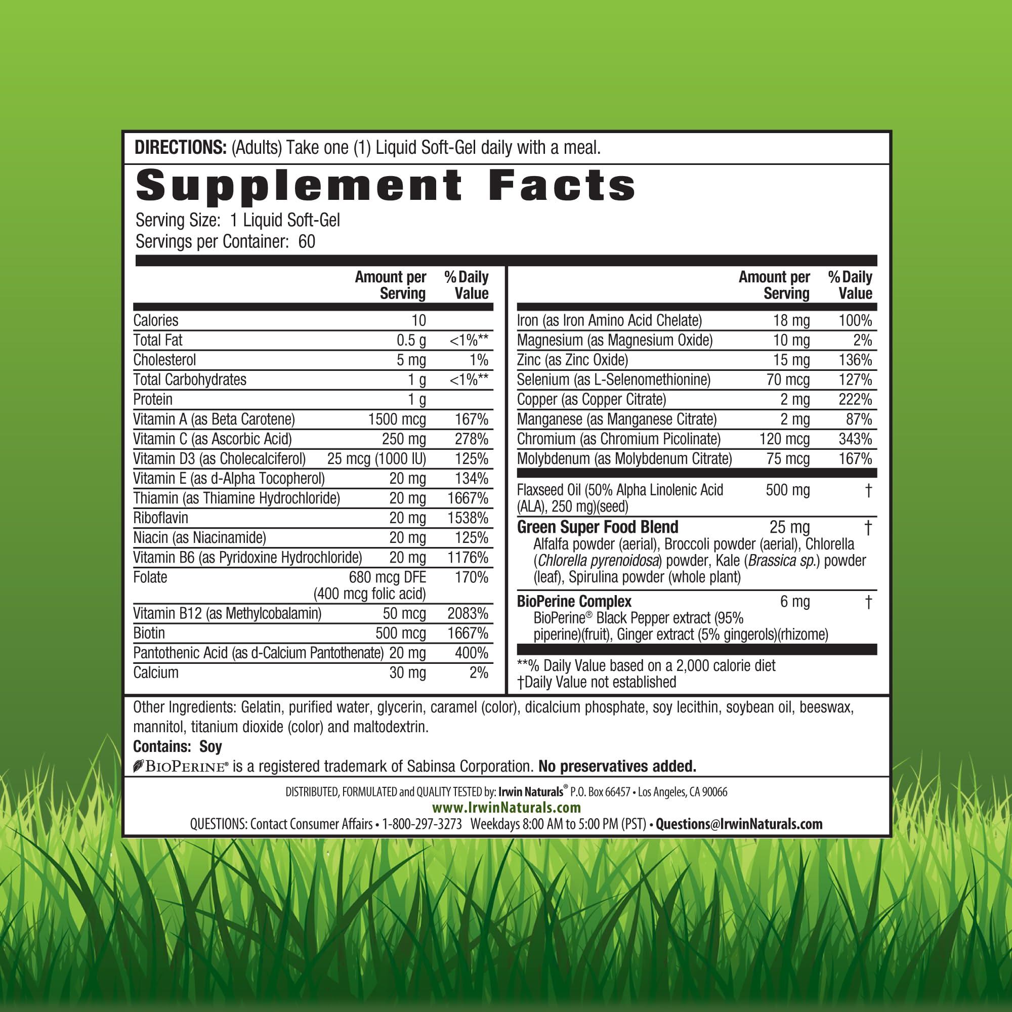 Irwin Naturals Only One label close-up showing Vitamin D3 and iron content