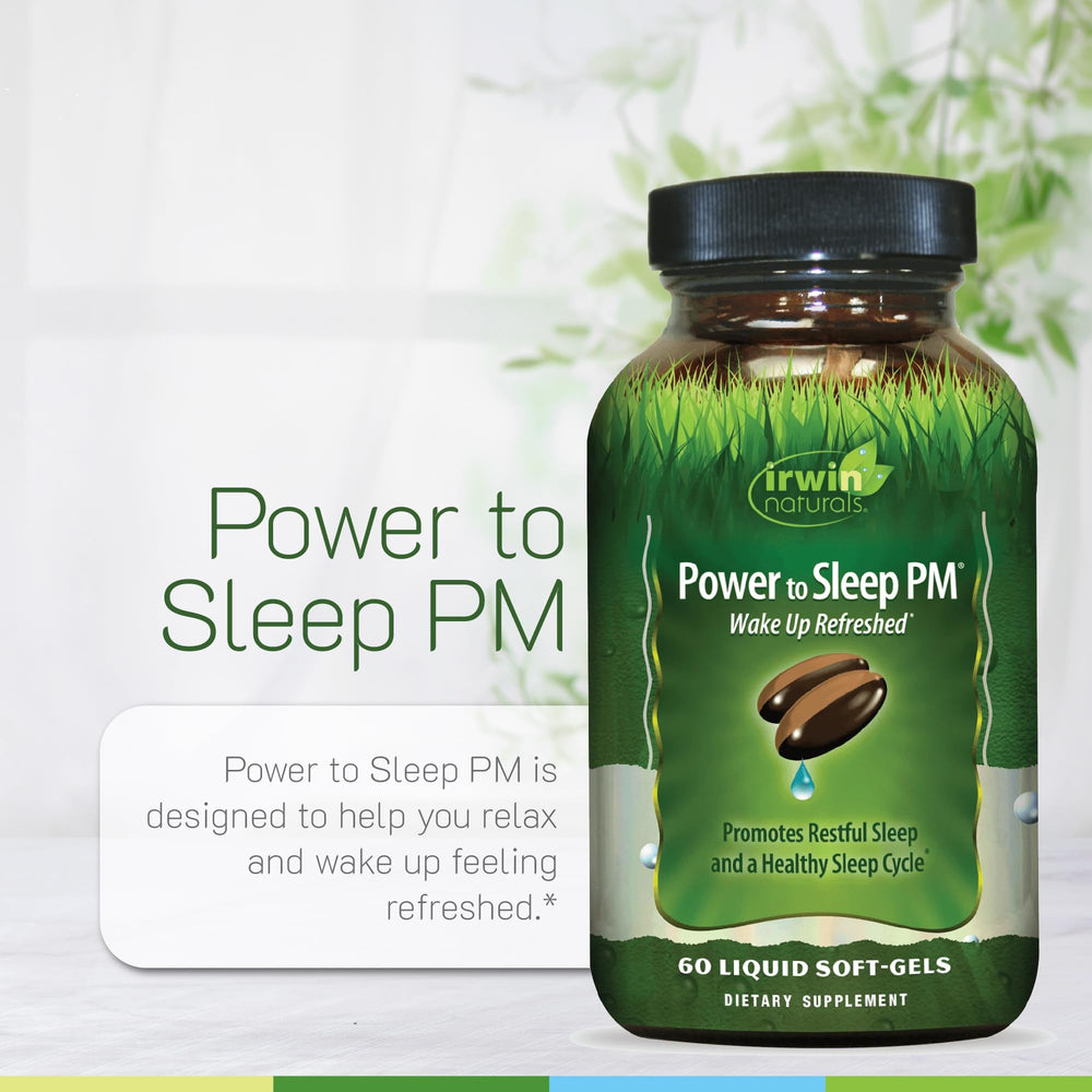 Irwin Naturals Power to Sleep PM bottle with glass during bedtime routine.