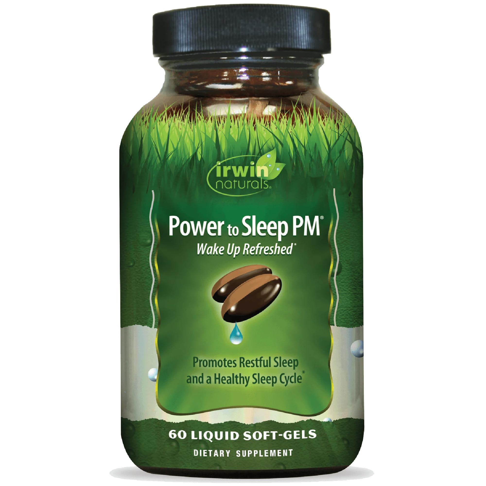 Irwin Naturals Power to Sleep PM bottle on a nightstand promotes nightly relaxation.