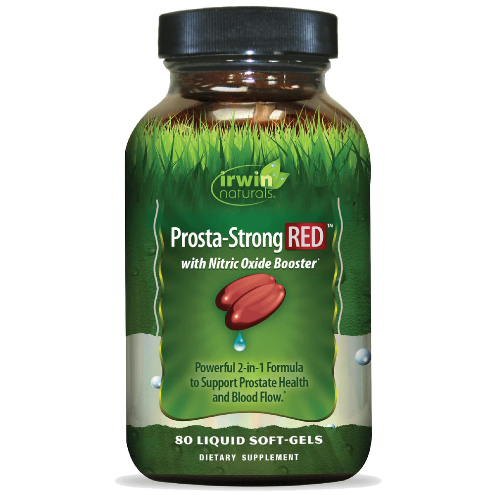 Irwin Naturals Prosta-Strong RED bottle cap close-up highlighting the label.