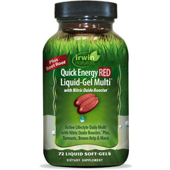 Irwin Naturals Quick Energy RED bottle promoting convenient daily energy support.