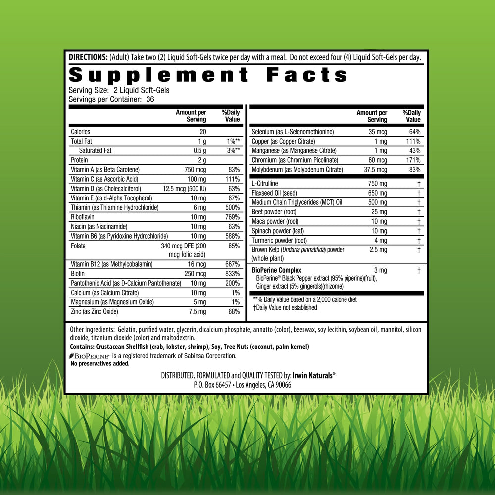 Irwin Naturals Quick Energy RED liquid-softgels being poured for fast absorption.