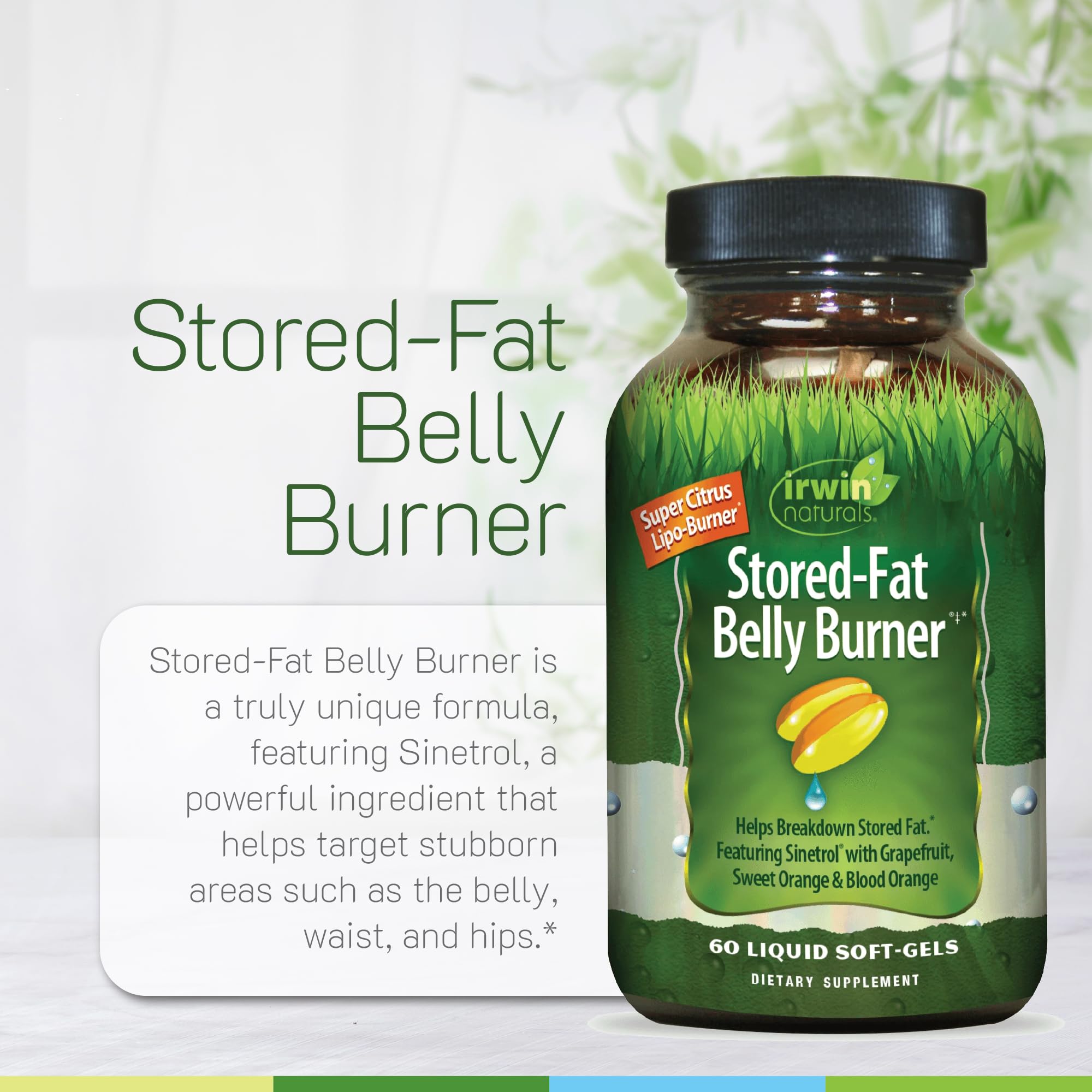 Dispensing view of Irwin Naturals Stored-Fat Belly Burner soft-gels for easy use.