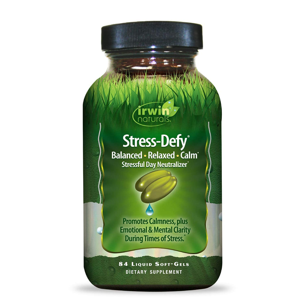 Irwin Naturals Stress-Defy bottle-front promoting calm, balanced mood during busy days.