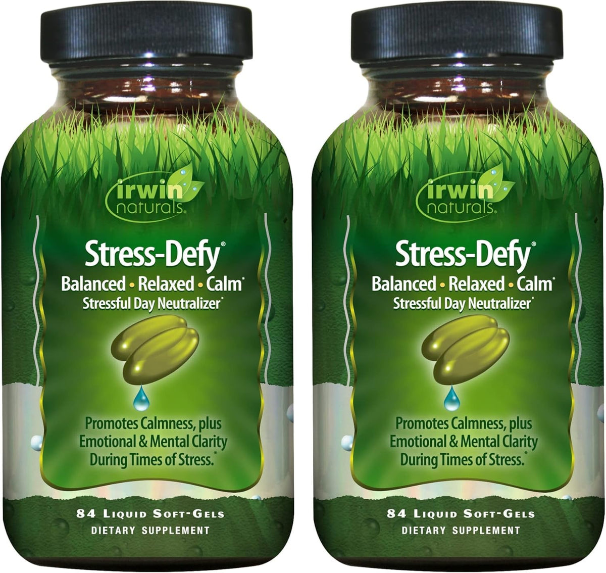 Irwin Naturals Stress-Defy bottle front inviting calm and relaxation.
