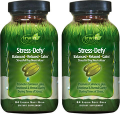 Irwin Naturals Stress-Defy bottle front inviting calm and relaxation.