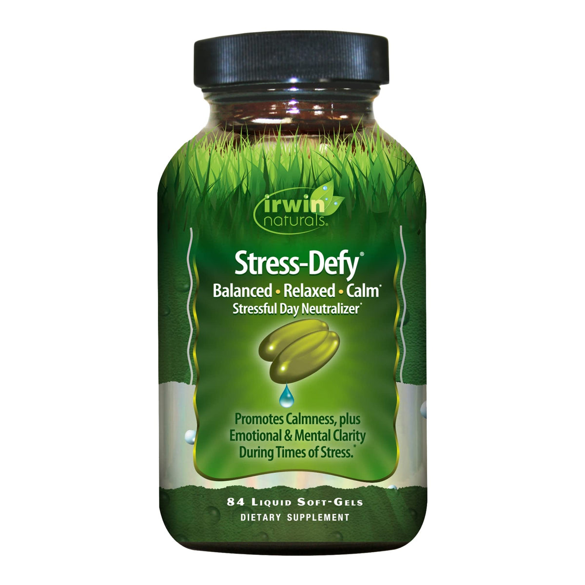 Irwin Naturals Stress-Defy bottle shown for daily mood support.