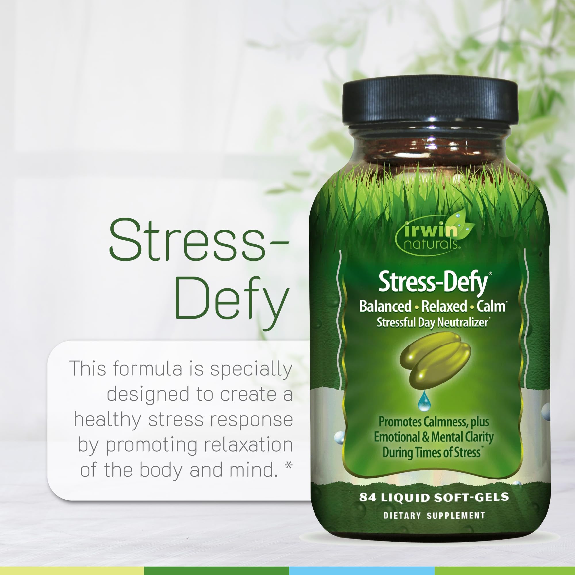 Irwin Naturals Stress-Defy dosage glass with water.