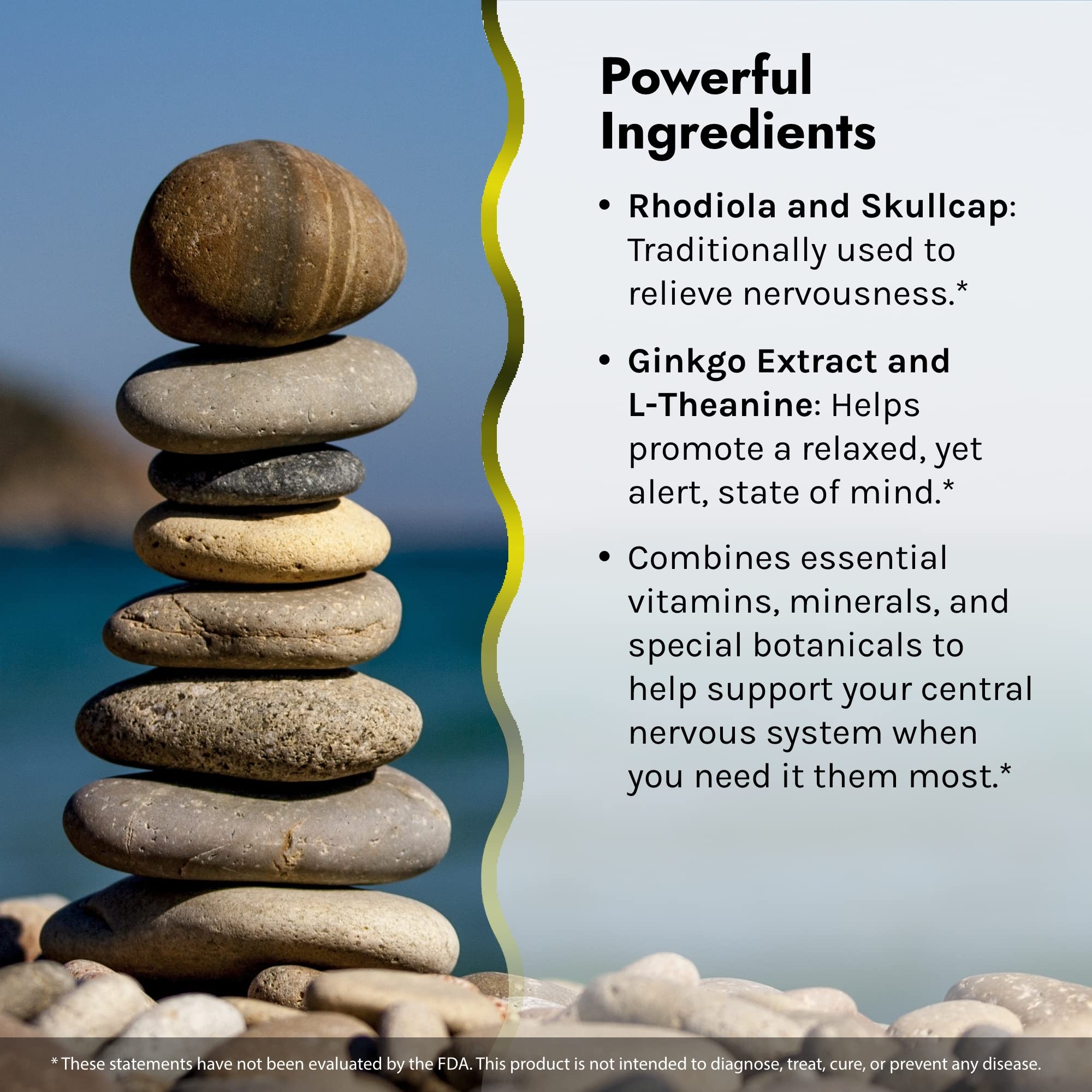 Label detail shows Rhodiola and L-Theanine for natural mood support.