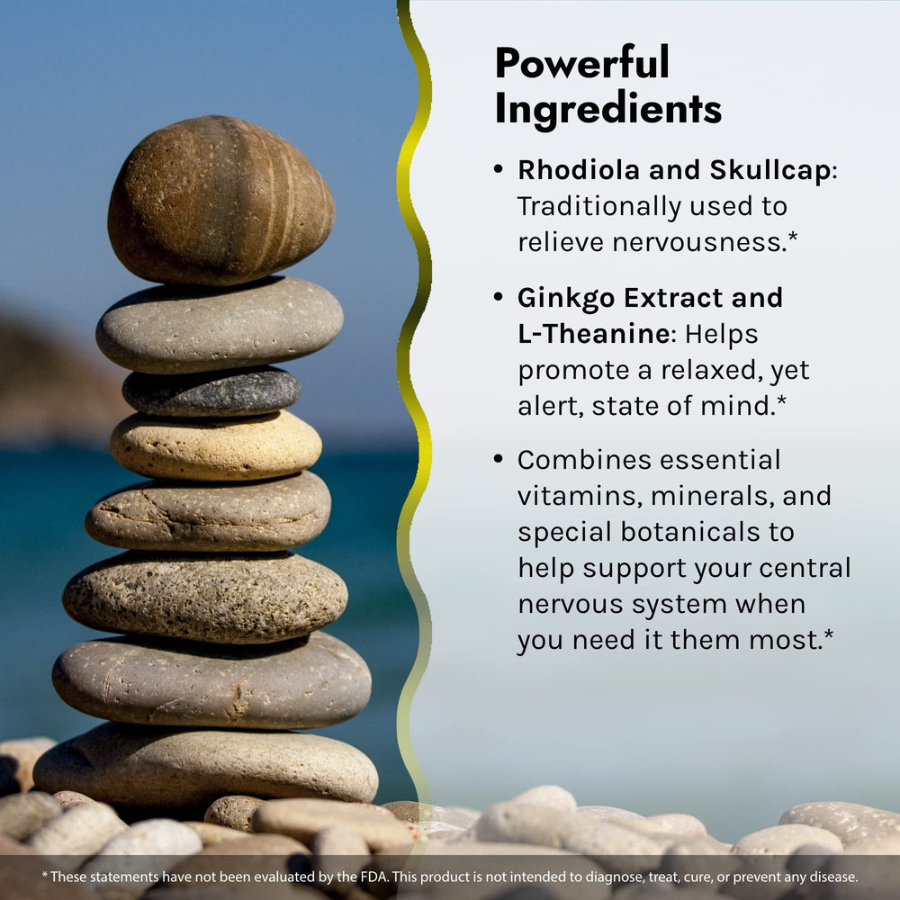 Label detail shows Rhodiola and L-Theanine for natural mood support.
