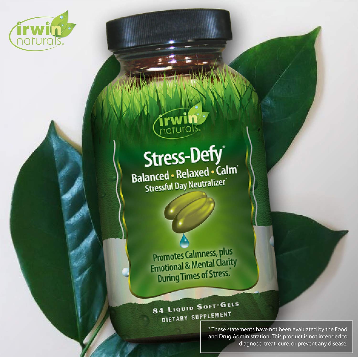 Irwin Naturals Stress-Defy relaxed-scene evokes calm during demanding work or study.
