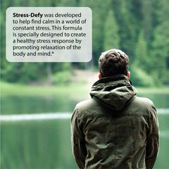 Irwin Naturals Stress-Defy softgels close-up highlighting convenient daily capsules.