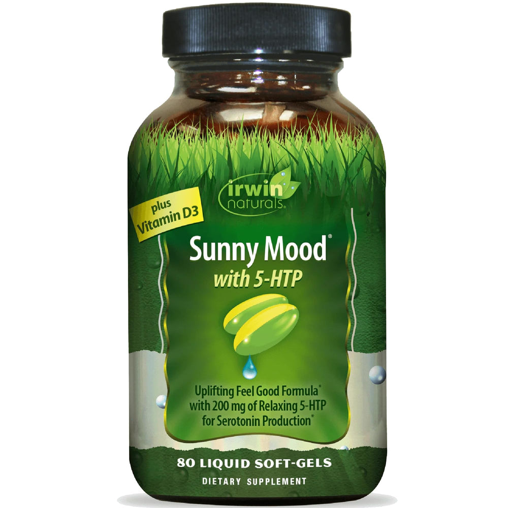 Irwin Naturals Sunny Mood 5-HTP bottle highlights mood-support ingredients for daily balance