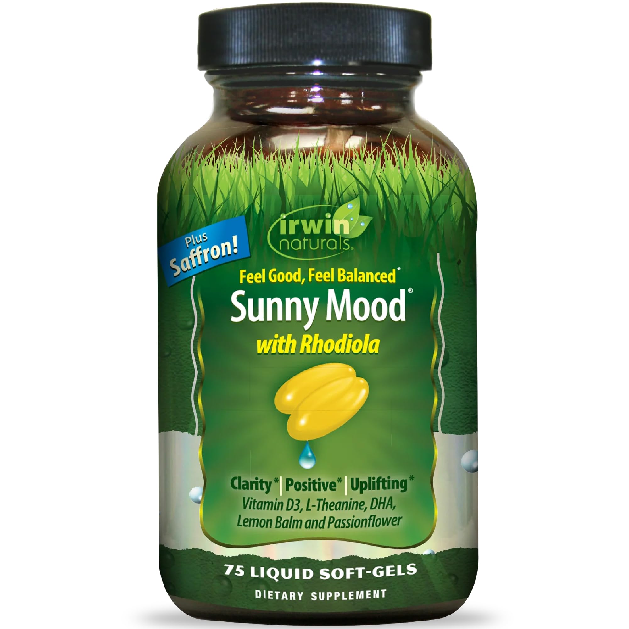 Irwin Naturals Sunny Mood bottle front promotes daily mood support