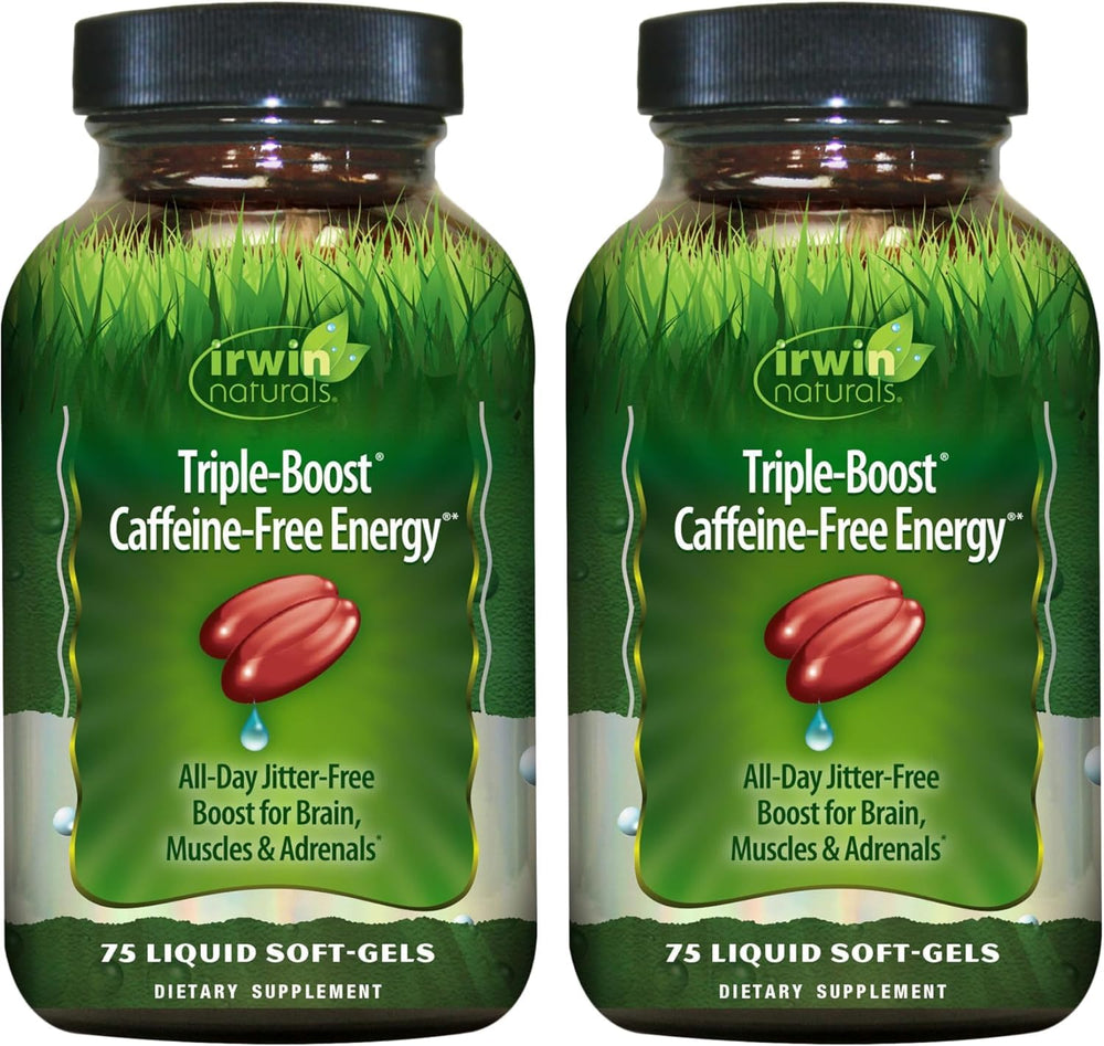 Irwin Naturals Triple-Boost bottle pour showing caffeine-free daily energy on demand.