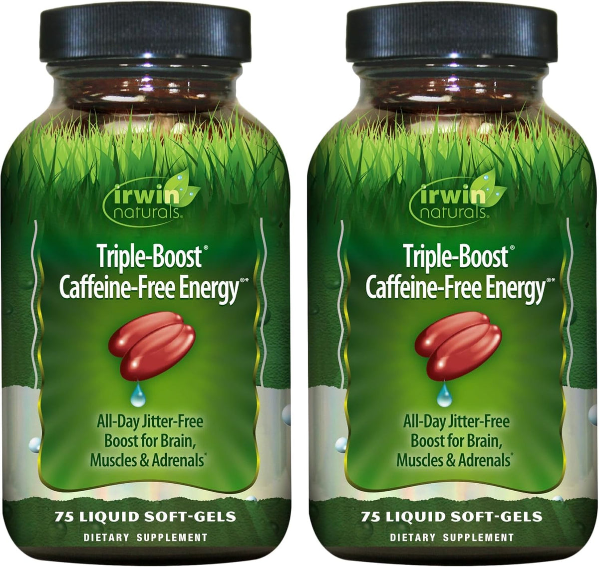 Irwin Naturals Triple-Boost bottle pour showing caffeine-free daily energy on demand.