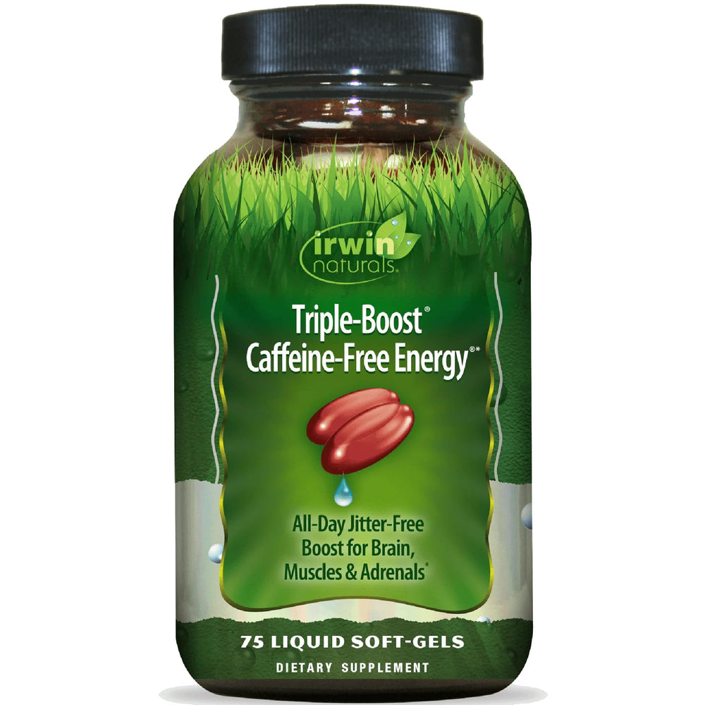Irwin Naturals Triple Boost Energy bottle on desk offers caffeine-free all-day support.