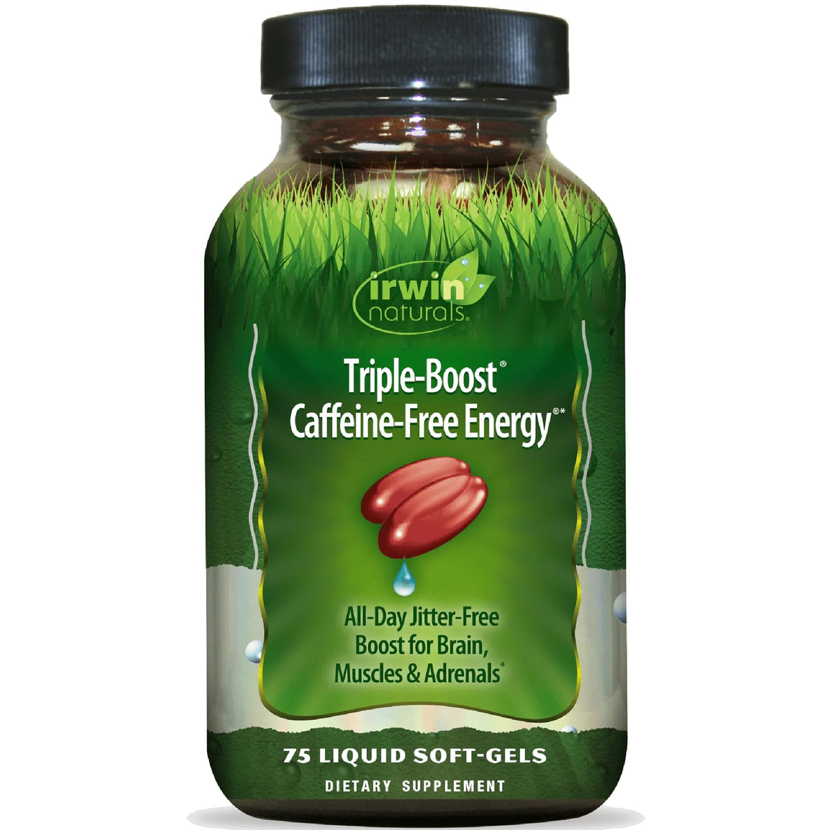 Irwin Naturals Triple Boost Energy bottle on desk offers caffeine-free all-day support.