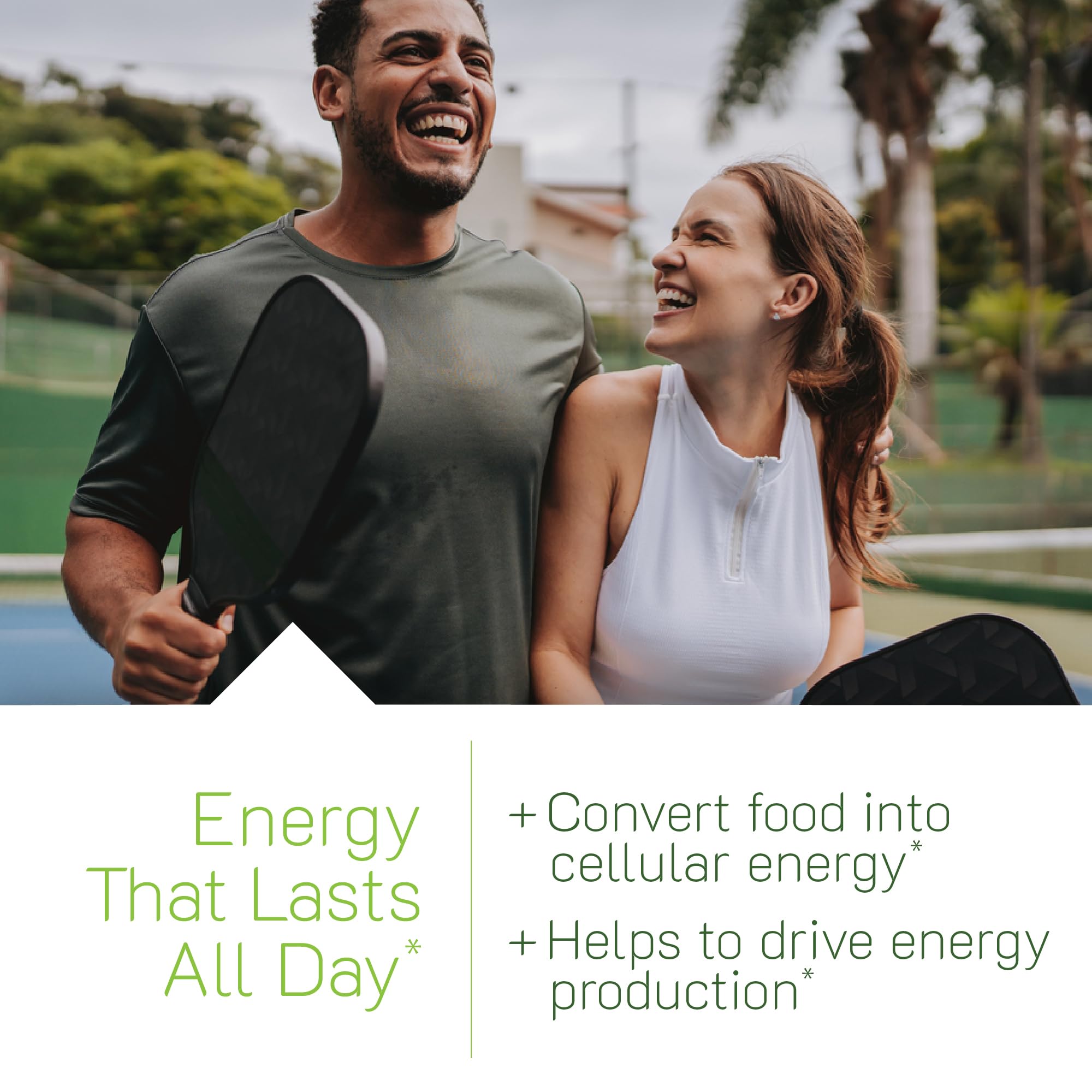 Front label shot highlights B vitamins and natural ingredients for daily vitality.