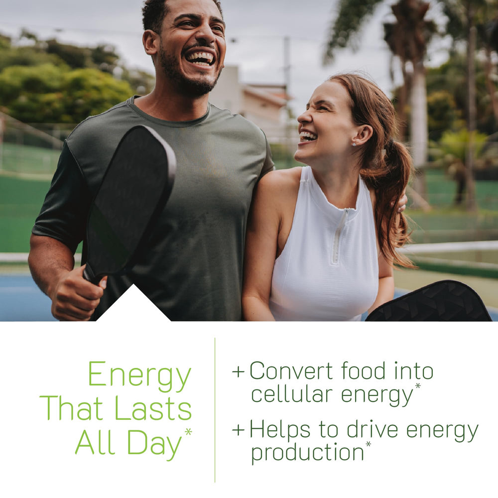 Front label shot highlights B vitamins and natural ingredients for daily vitality.